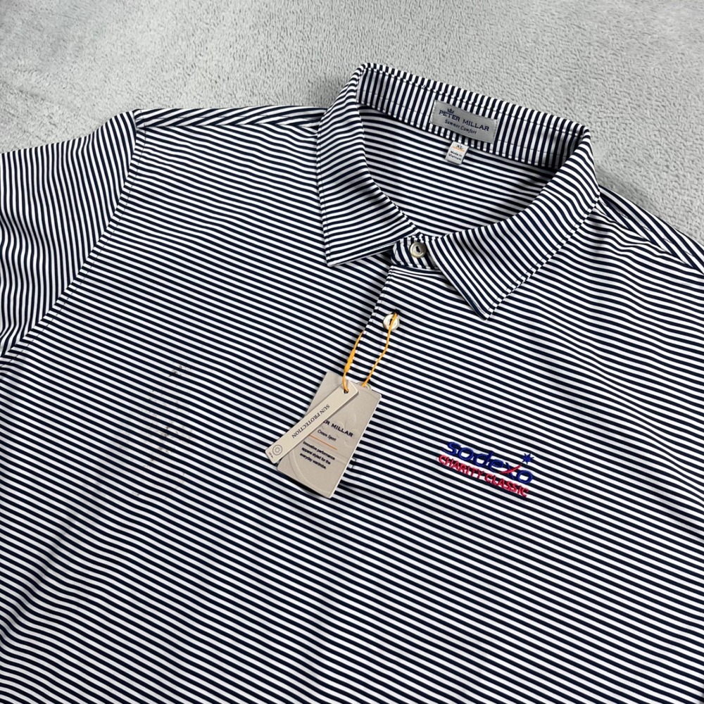 Peter Millar Summer Comfort Polo Shirt Mens XL Navy White Stripe Sodexo Charity - Picture 1 of 10